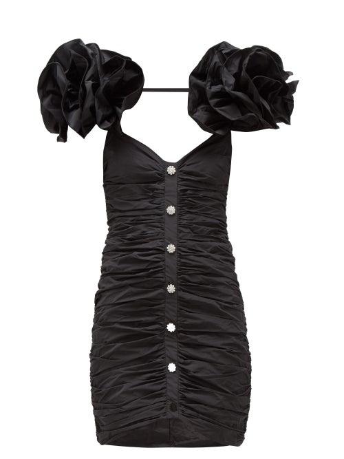 Matchesfashion.com Alessandra Rich - Crystal-button Ruffle-sleeve Ruched Taffeta Dress - Womens - Black