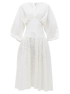 Matchesfashion.com My Beachy Side - Ruched-sleeve Broderie-anglaise Cotton Midi Dress - Womens - White
