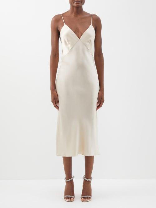 Olivia Von Halle - Issa V-neck Silk-satin Slip Dress - Womens - Light Beige