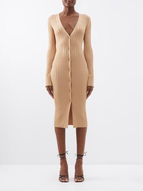 Galvan - Rhea Buttoned Metallic-knit Midi Dress - Womens - Beige Gold