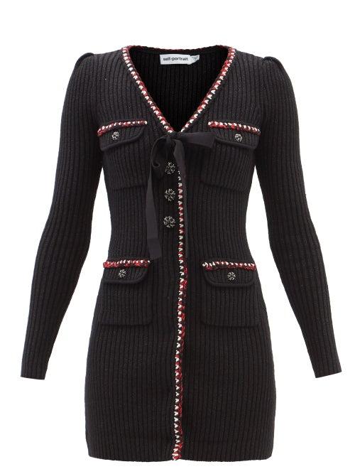 Self-portrait - Crystal-button Ribbed Glitter-cotton Blend Dress - Womens - Black