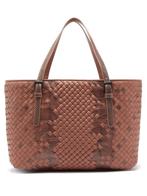 Matchesfashion.com Bottega Veneta - Intrecciato Medium Leather & Snakeskin Tote Bag - Womens - Nude