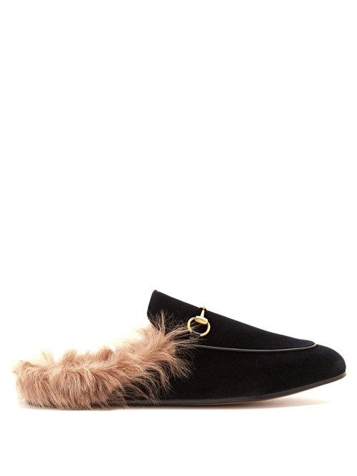 Matchesfashion.com Gucci - Princetown Shearling Lined Velvet Loafers - Womens - Black