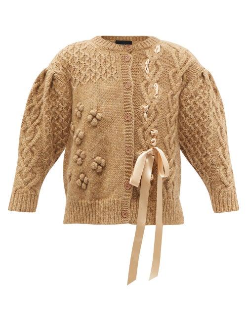 Simone Rocha - Ribbon-laced Cabled Cardigan - Womens - Beige
