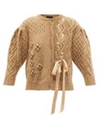 Simone Rocha - Ribbon-laced Cabled Cardigan - Womens - Beige
