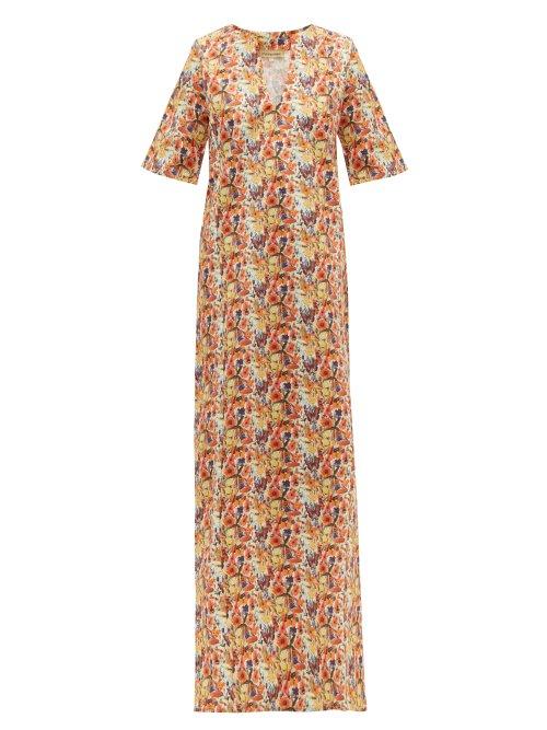 Matchesfashion.com Muzungu Sisters - Lotus Poppy Print Cotton Twill Kaftan - Womens - Orange Multi