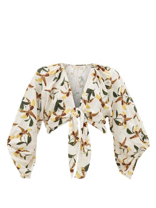 Matchesfashion.com Adriana Degreas - Leopard Orchid-print Tie-front Voile Shirt - Womens - White Print
