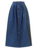 Matchesfashion.com Gucci - Web Stripe-embroidered Denim Midi-skirt - Womens - Blue Multi