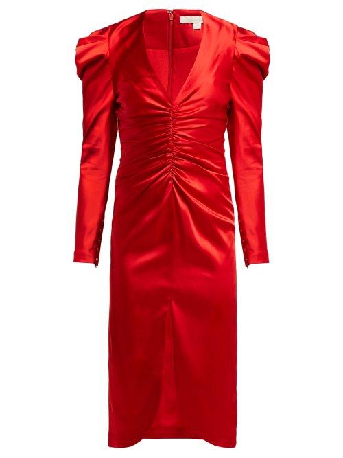 Matchesfashion.com Jonathan Simkhai - Puff Sleeve Ruched Satin Midi Dress - Womens - Red