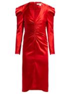 Matchesfashion.com Jonathan Simkhai - Puff Sleeve Ruched Satin Midi Dress - Womens - Red