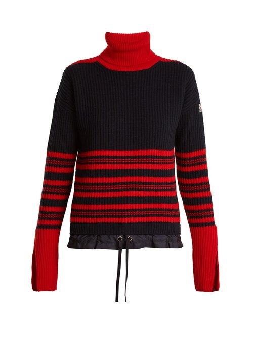 Matchesfashion.com Moncler - Roll Neck Striped Ribbed Knit Wool Blend Sweater - Womens - Navy Multi