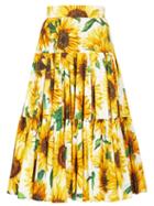 Matchesfashion.com Dolce & Gabbana - Sunflower Print Tiered Cotton Poplin Midi Skirt - Womens - Yellow Multi