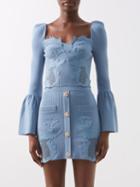 Self-portrait - Lace-insert Embroidered Ribbed-knit Crop Top - Womens - Blue