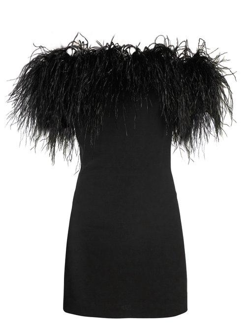 Matchesfashion.com Saint Laurent - Off The Shoulder Ostrich Feather Trimmed Dress - Womens - Black