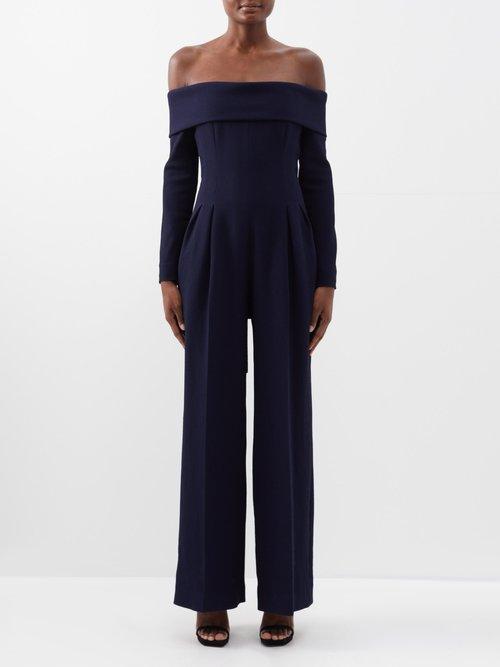 Emilia Wickstead - Vesper Off-the-shoulder Crepe Jumpsuit - Womens - Navy