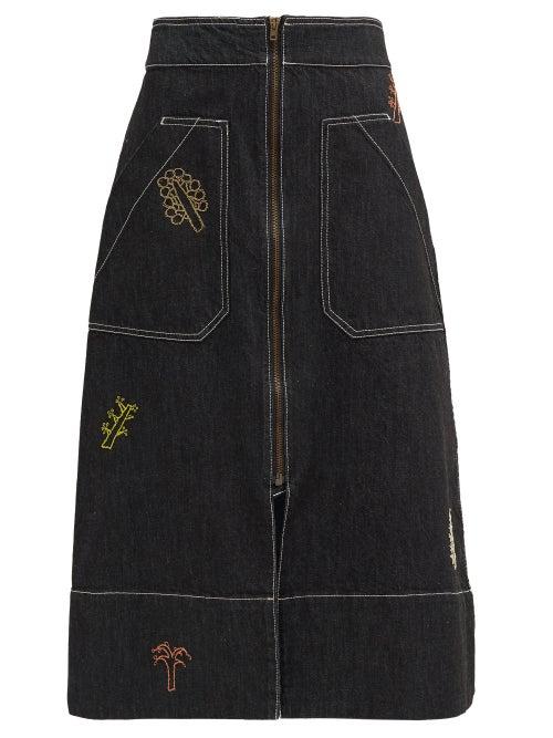 Matchesfashion.com Ssone X Ressone - Oak Hand-embroidered Denim Skirt - Womens - Black