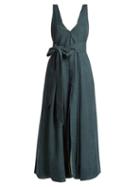 Matchesfashion.com Kalita - Poet By The Sea Tie Waist Linen Dress - Womens - Dark Green
