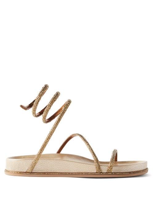 Rene Caovilla - Crystal-embellished Wraparound Satin Sandals - Womens - Bronze