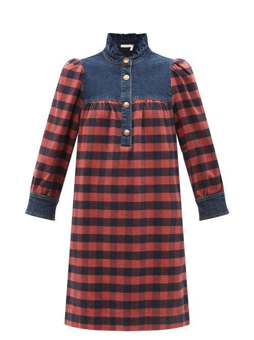 See By Chlo - Denim-trim Checked Cotton-flannel Shirt Dress - Womens - Red Multi