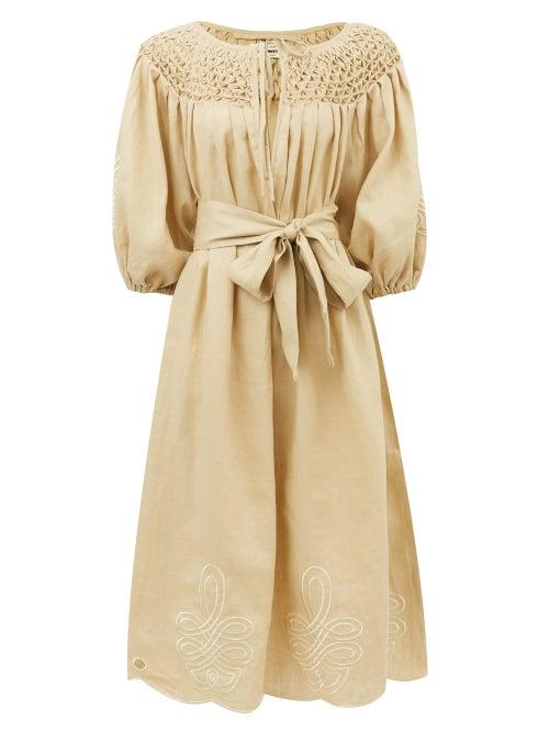 Matchesfashion.com Innika Choo - Hugh Jesmok Embroidered Linen Dress - Womens - Beige
