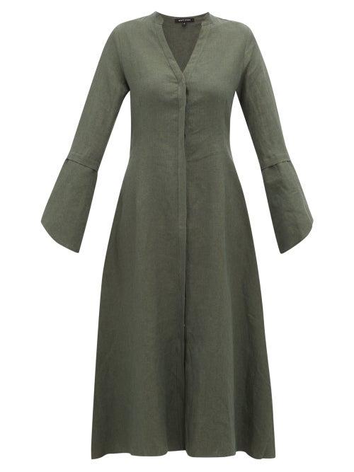 Matchesfashion.com White Story - Fiona V Neck Linen Midi Dress - Womens - Dark Green