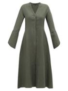 Matchesfashion.com White Story - Fiona V Neck Linen Midi Dress - Womens - Dark Green