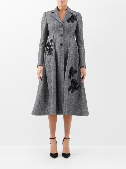 Erdem - Stephanie Floral-appliqu Wool-blend Flared Coat - Womens - Dark Grey