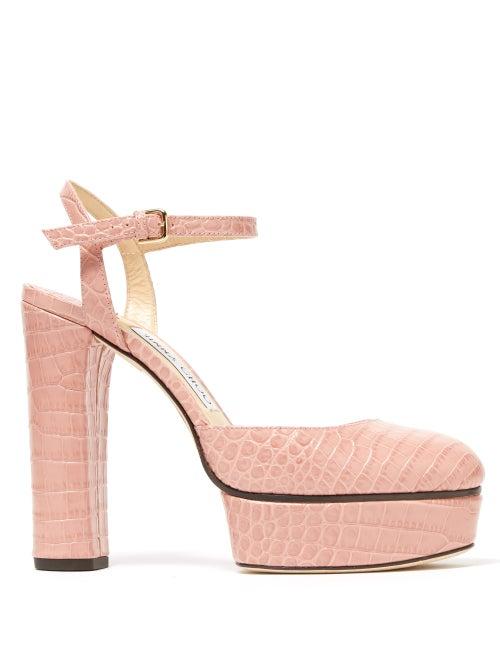 Matchesfashion.com Jimmy Choo - Maple 125 Crocodile Effect Leather Platform Pumps - Womens - Light Pink