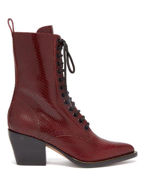 Matchesfashion.com Chlo - Snakeskin Effect Lace Up Leather Boots - Womens - Burgundy