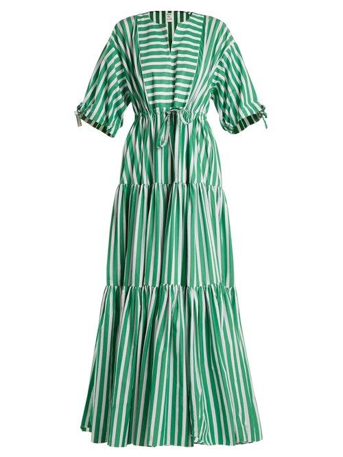Matchesfashion.com Maison Rabih Kayrouz - Tiered Striped Cotton Poplin Dress - Womens - Green Stripe