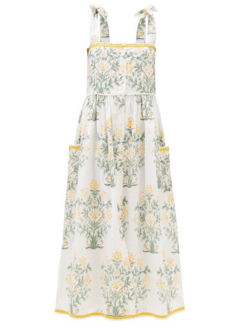 Juliet Dunn - Tie-shoulder Floral-print Cotton Midi Dress - Womens - White Multi