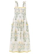 Juliet Dunn - Tie-shoulder Floral-print Cotton Midi Dress - Womens - White Multi