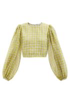 Ganni - Puff-sleeve Check Organza Cropped Top - Womens - Yellow Multi