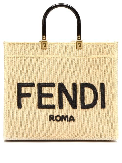 Ladies Bags Fendi - Sunshine Small Logo-embroidered Woven Tote Bag - Womens - Black Beige