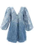 Ladies Rtw Ganni - Feather-trimmed Brocade Mini Dress - Womens - Mid Blue