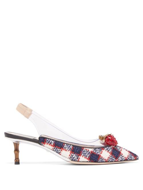 Matchesfashion.com Gucci - Eleonor Crystal Strawberry Tweed Slingback Pumps - Womens - Navy