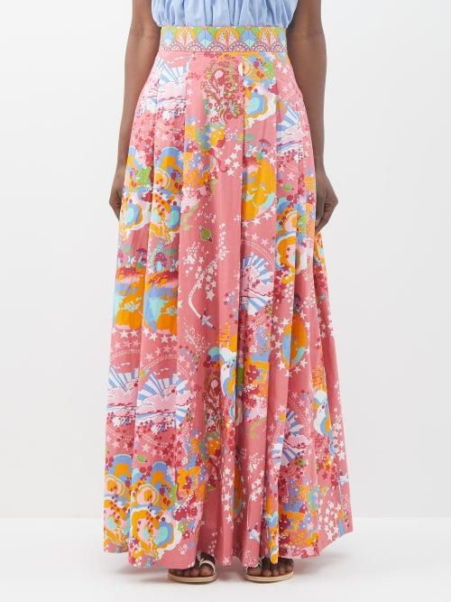 Emporio Sirenuse - Flamina Caliph's Dream-print Cotton Maxi Skirt - Womens - Pink Print