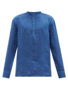120 Lino 120% Lino - Stand-collar Linen Shirt - Mens - Blue