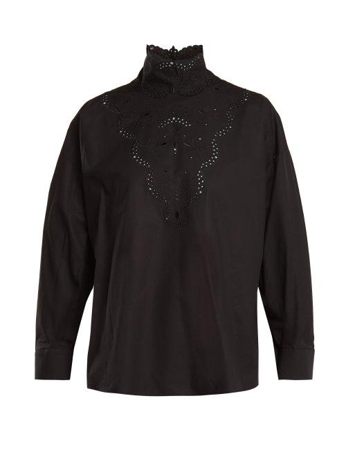 Matchesfashion.com Fendi - High Neck Broderie Anglaise Cotton Blouse - Womens - Black