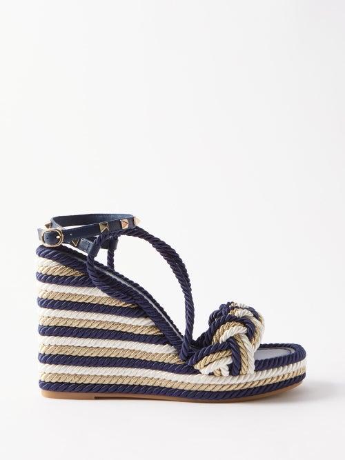 Valentino Garavani - Rockstud Torchon Leather Wedge Sandals - Womens - Blue Multi