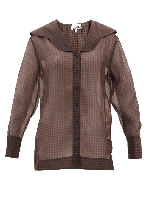 Ganni - Chelsea-collar Checked Organza Shirt - Womens - Dark Khaki