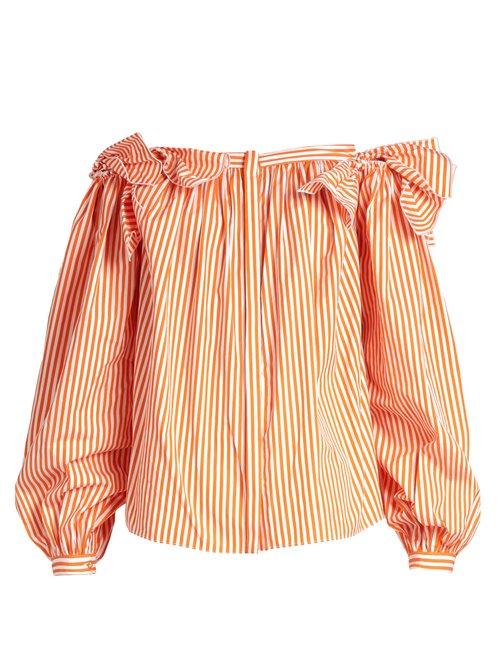 Matchesfashion.com Maison Rabih Kayrouz - Off The Shoulder Striped Cotton Top - Womens - Orange Stripe