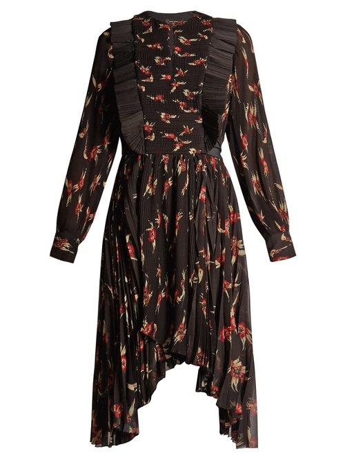 Matchesfashion.com Isabel Marant - Wesley Floral Print Pleated Dress - Womens - Black Red
