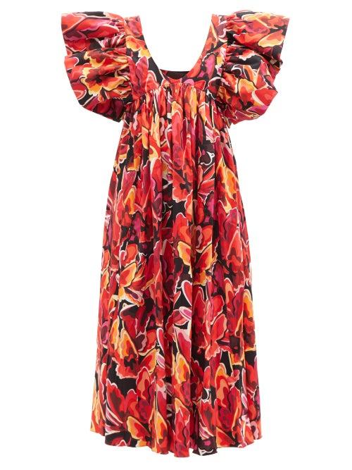Kika Vargas - Adriana Floral-print Poplin Midi Dress - Womens - Red Multi