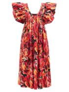 Kika Vargas - Adriana Floral-print Poplin Midi Dress - Womens - Red Multi