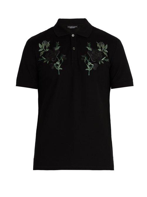 Matchesfashion.com Alexander Mcqueen - Floral Embroidered Cotton Piqu Polo Shirt - Mens - Black