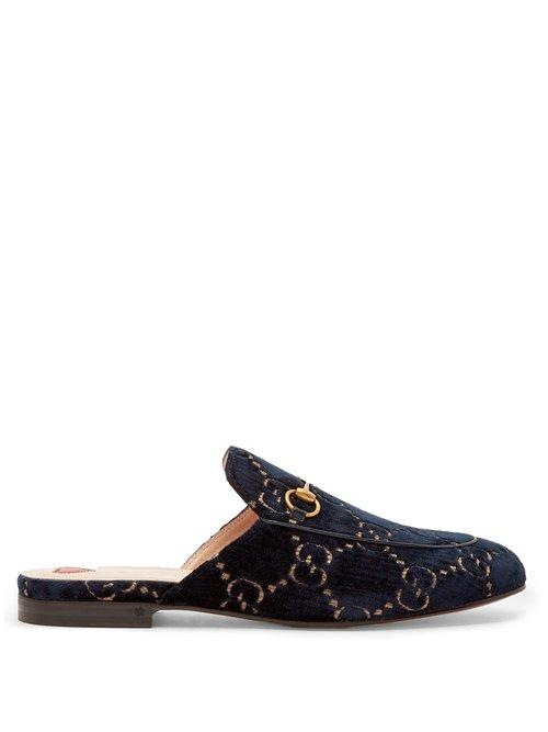 Matchesfashion.com Gucci - Princetown Velvet Backless Loafers - Womens - Blue