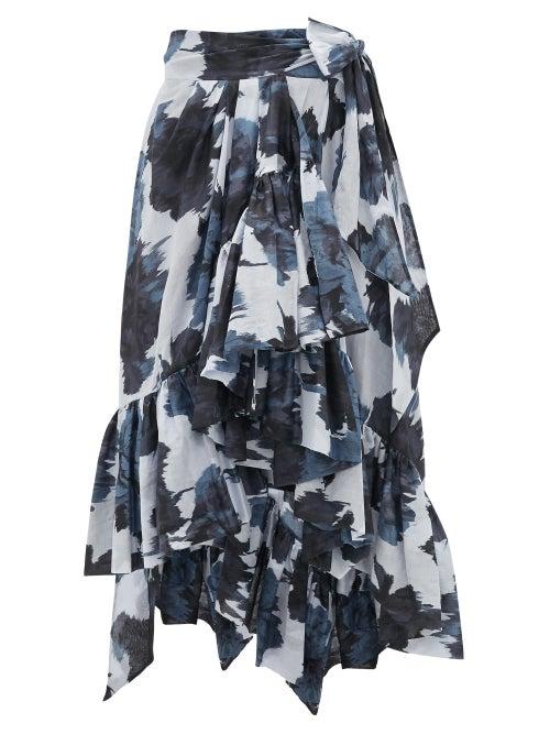 Matchesfashion.com Alexandre Vauthier - Ruffled Tie-waist Floral-print Cotton Midi Skirt - Womens - Navy Print