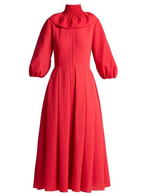 Matchesfashion.com Emilia Wickstead - Hilary Shirred Neck Balloon Sleeved Dress - Womens - Dark Pink