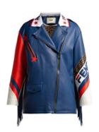 Matchesfashion.com Fendi - Mania Logo Trimmed Leather Biker Jacket - Womens - Blue Multi